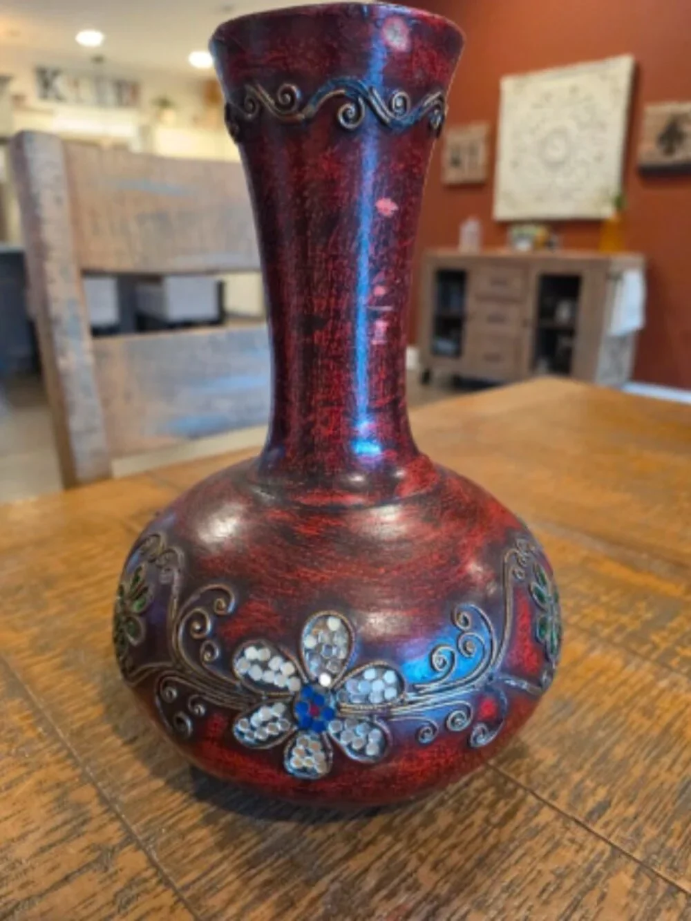 Decorative Red Distressed Floral Vase